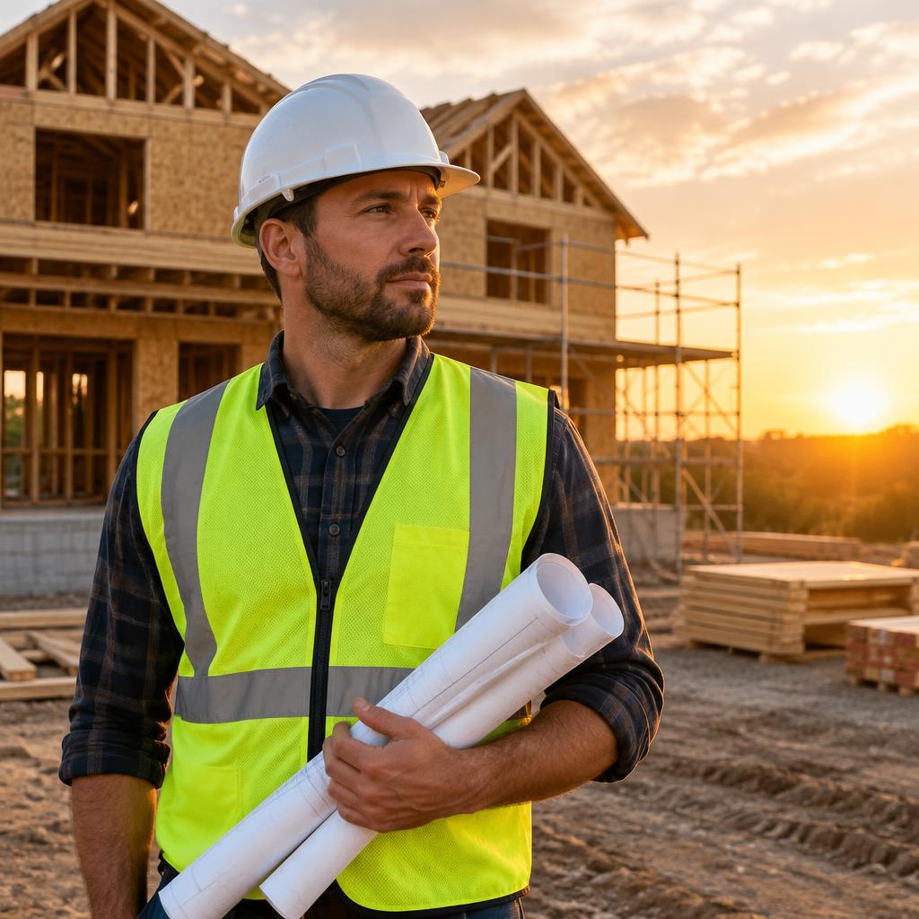 Ansprechpartner mit Bauplänen vor einer Baustelle